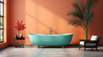 Blue bathtub in a bright orange room