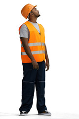 Fototapeta premium A male construction worker, on a white background, in full height, look up