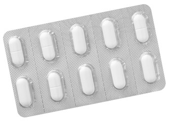 White pills in the plastic blister, isolated on white background, top view.