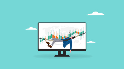 Passive income concept, earning with no effort by make profit or dividend from investment and achieve financial freedom concept, businessman sleeping in hammock with investment growth graph background