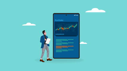 data analysis concept vector illustration, businessman analyzes company marketing and investment chart, businessman showing data on smart phone, reviewing investment portfolio