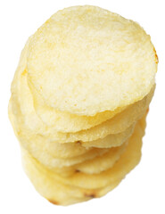 Stacked potato chips isolated on white background, top view.