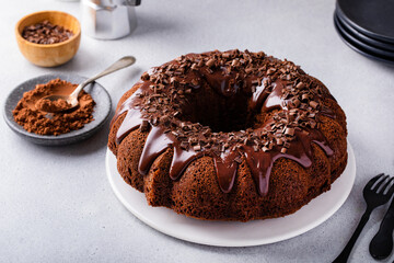 Chocolate bundt cake with chocolate ganache on top