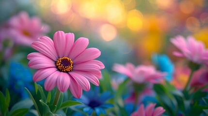 Vibrant Pink Daisy in a Colorful Garden