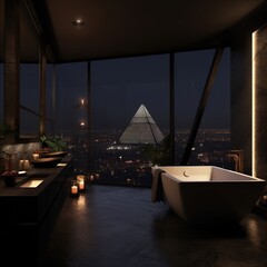Luxurious bathroom with a view of the Giza pyramid