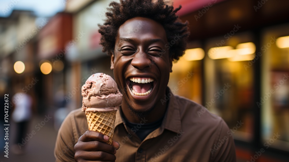 Wall mural Laughing man eating chocolate ice cream cone