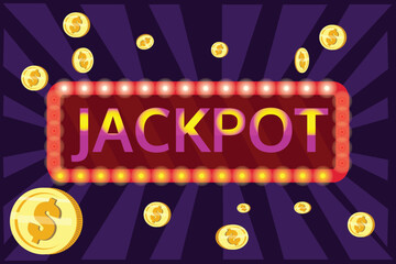 Jackpot banner with falling gold coins and confetti. Casino or lottery advertising template. Winning money