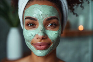 Fototapeta premium A woman does self-care spa treatments with a green face mask at home. The concept of skin care.