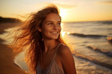 Fototapeta na wymiar A sun-kissed teenage girl with a playful ponytail, enjoying her summer vacation by the beach, as the golden sun sets casting an enchanting glow on her radiant skin