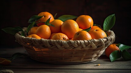 Fresh Orange Fruits in a bamboo basket with blur background