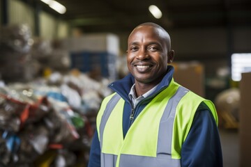 Dedicated Waste Management Coordinator, in high visibility vest, standing against the backdrop of a bustling recycling plant, with a clipboard in hand, monitoring the waste processing operations - obrazy, fototapety, plakaty