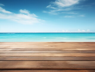 Fototapeta na wymiar Wooden dock over calm blue ocean with white clouds in background