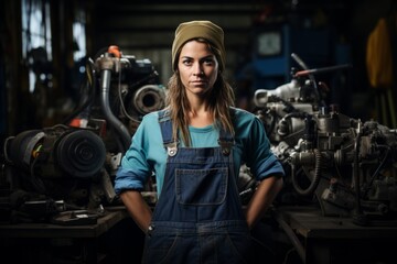 Portrait of a Determined Female Machinist in Her Industrial Workshop, Surrounded by Tools and Machinery, Embodying Strength and Skill