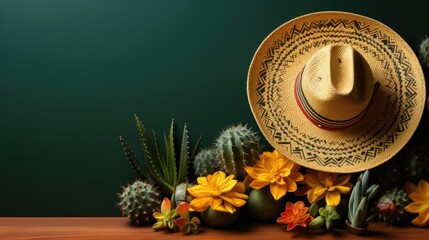 Cinco de Mayo background decorated with hats, flowers and typical Mexican ornaments