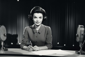 Vintage Portrait of a Female News Anchor from the 1960s, Dressed in a Stylish Suit, Sitting at a Retro News Desk with a Microphone and a Stack of Papers