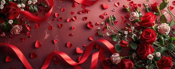 Abstract valentine day background ribbon and flower bouquet. rose Valentine's day romantic, aesthetic. no people
