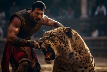 Ancient Rome, gladiator, ancient Greece. warrior was a fighter in ancient Rome who fought wild animals for the amusement of the public in special arenas. ancient roman soldier - obrazy, fototapety, plakaty