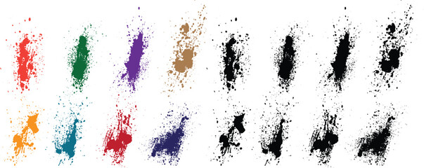 Ink realistic green, red, black, orange, purple, wheat color bleeding splatter brush stroke illustration set