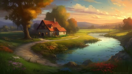 Beautiful landscape with houses and trees fantasy background generated AI
