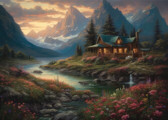 Beautiful landscape with houses and trees fantasy background generated AI
