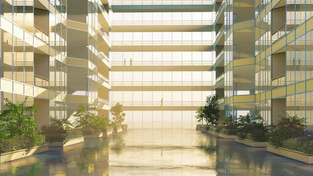Early morning in the new business center with small drops of rain on the floor, 3D Render