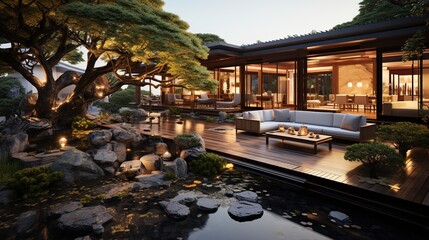 Modern Japanese house with a beautiful garden and pond - obrazy, fototapety, plakaty