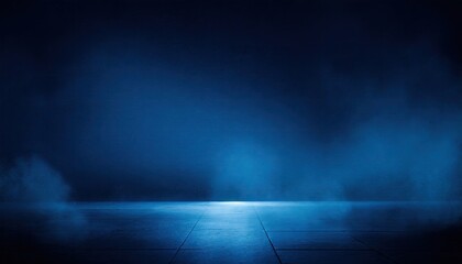 Dark empty cement floor blue room with smoke.