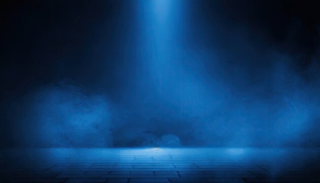 Dark empty cement floor blue room with smoke.