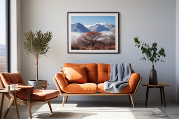 Minimalist living room with a framed mountain landscape painting