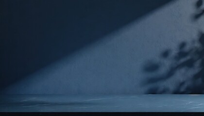 Dark blue empty room with plants shadow texture pattern cement wall background. 