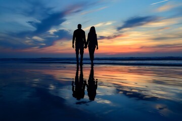 Silhouetted Couple Walking on Beach at Dusk