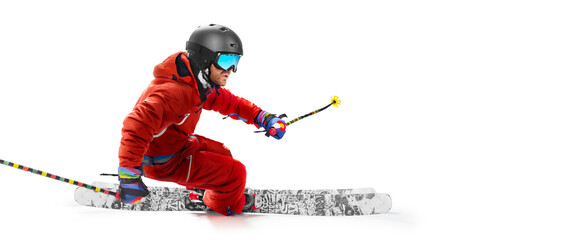 Skiing Man in action. Skiing sport. In action. Side view. Sportsman in a red ski suit. Driving at...