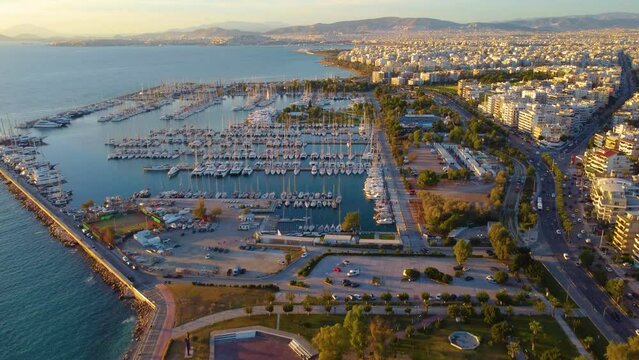 Aerial View Of Alimos Marina And Waterfront Parks In Kalamaki, Attica, Greece.