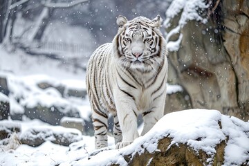 Fototapeta na wymiar white tiger in snow environment winter landscape