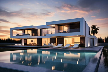 Modern luxury villa with pool and sunset view