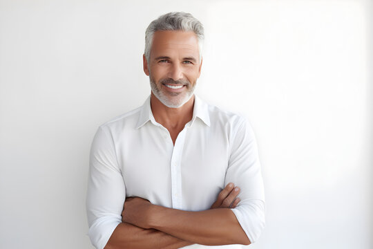 Portrait of confident mature man standing with arms crossed against white background
