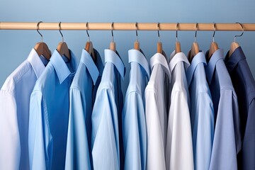 Wooden hangers showcasing blue shirts and business attire in front view. Men's fashion set with accessories for design print. Various styles including casual or formal t-shirts and shirt uniforms