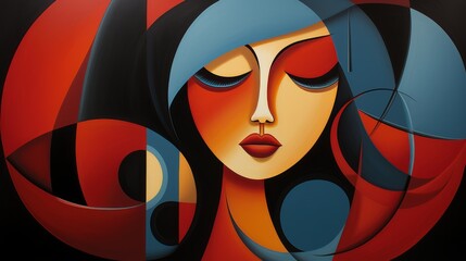 An abstract artwork depicts a woman's face with closed eyes and red lips, rendered in a digital illustration style.