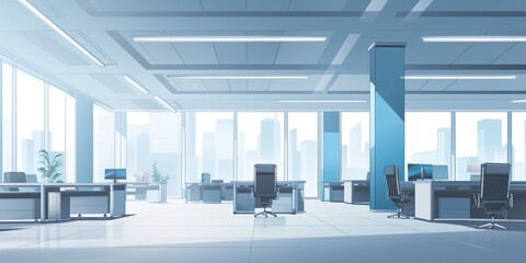 Modern office interior with large windows and city view