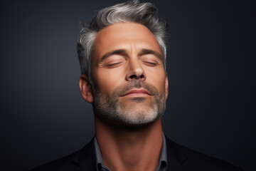 Fototapeta premium Studio portrait of handsome mature man with eyes closed, charcoal colored background.
