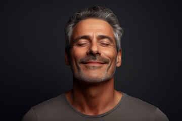 Obraz premium Studio portrait of handsome mature man with eyes closed, charcoal colored background.
