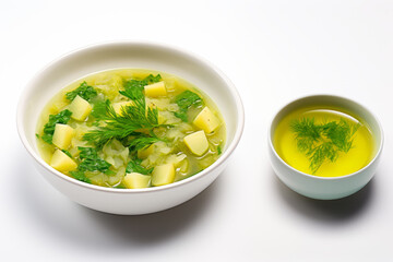 A bowl of soup is presented next to a cup, showcasing the artistry of culinary presentation.