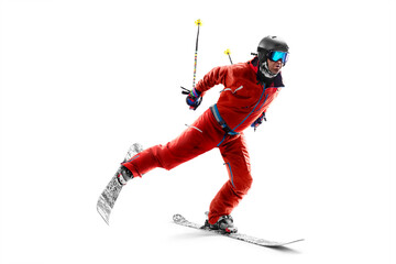 Skis. Skiing Man in action. In action. Sportsman in a red ski suit. Driving at high speed. Sport emotion. Skiing sport. Isolated