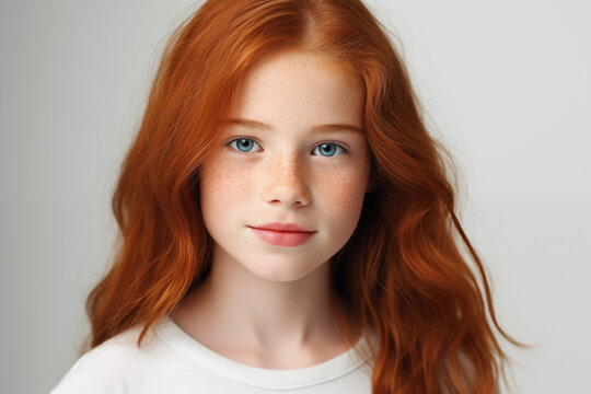 Studio portrait of beautiful young red haired girl.