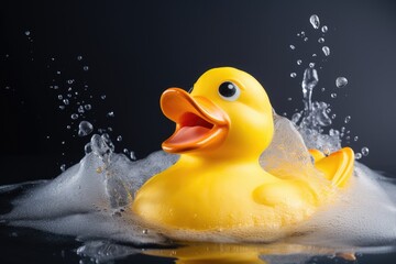 Giant rubber duck bathing on a grey surface.