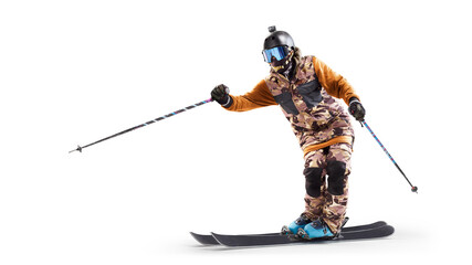 Skis. Skiing Man in action. Skiing sport. In action. Side view. Sportsman in a ski suit. Driving at...