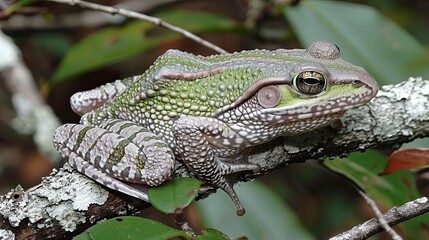 Naklejka premium Textured Green Frog on a Tree Branch with Natural Lichen