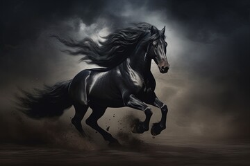 Obraz na płótnie Canvas Black horse galloping in darkness