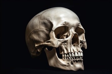 Obraz premium Black background with empty space for inscription showing side view of human skull with shadows and light