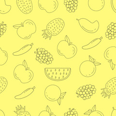 Seamless pattern of tropical fruit thin line such grape, watermelon, apple, orange, banana, mango and pineapple. Perfect for textile design, wrapping, etc. 